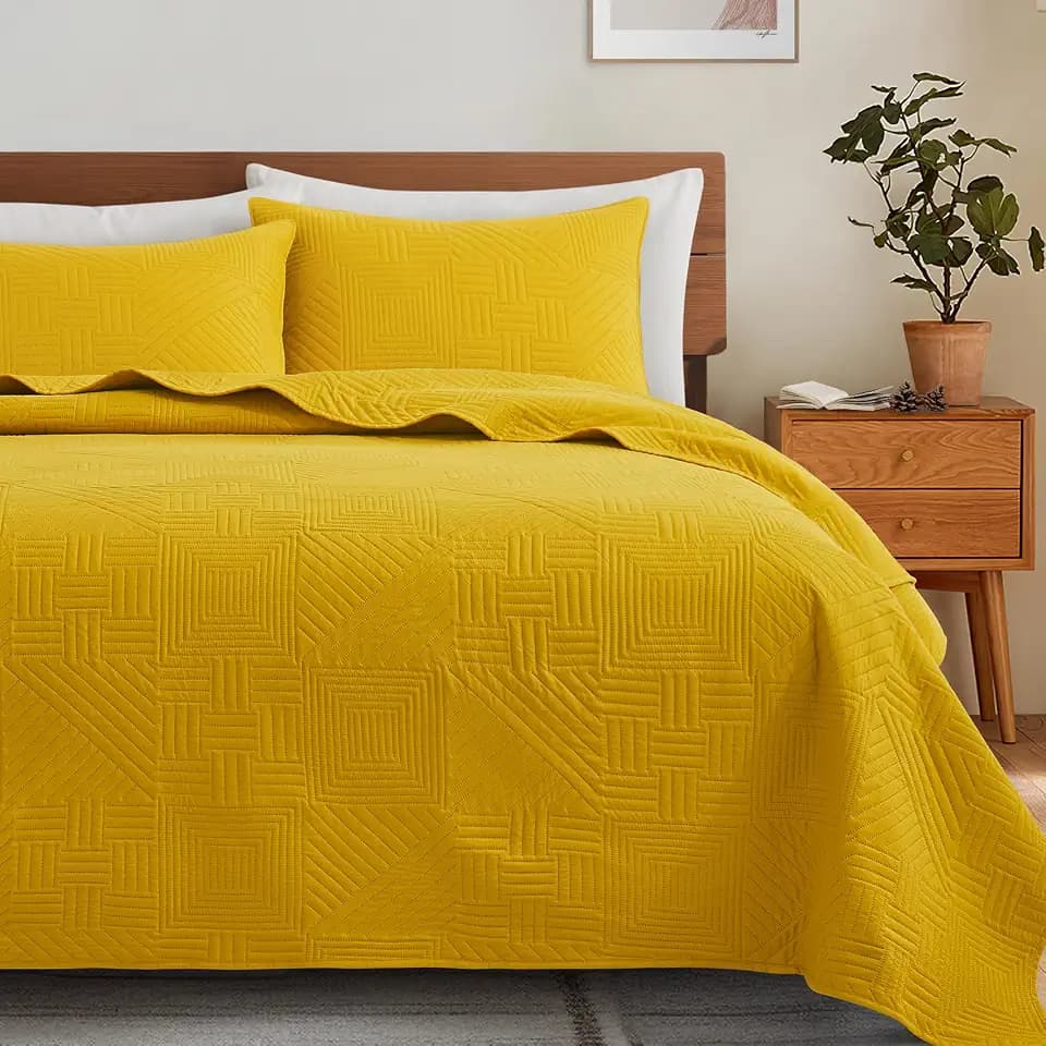 Lavsiry Mustard Yellow California King Quilt, 3 Pieces Bedspread Set