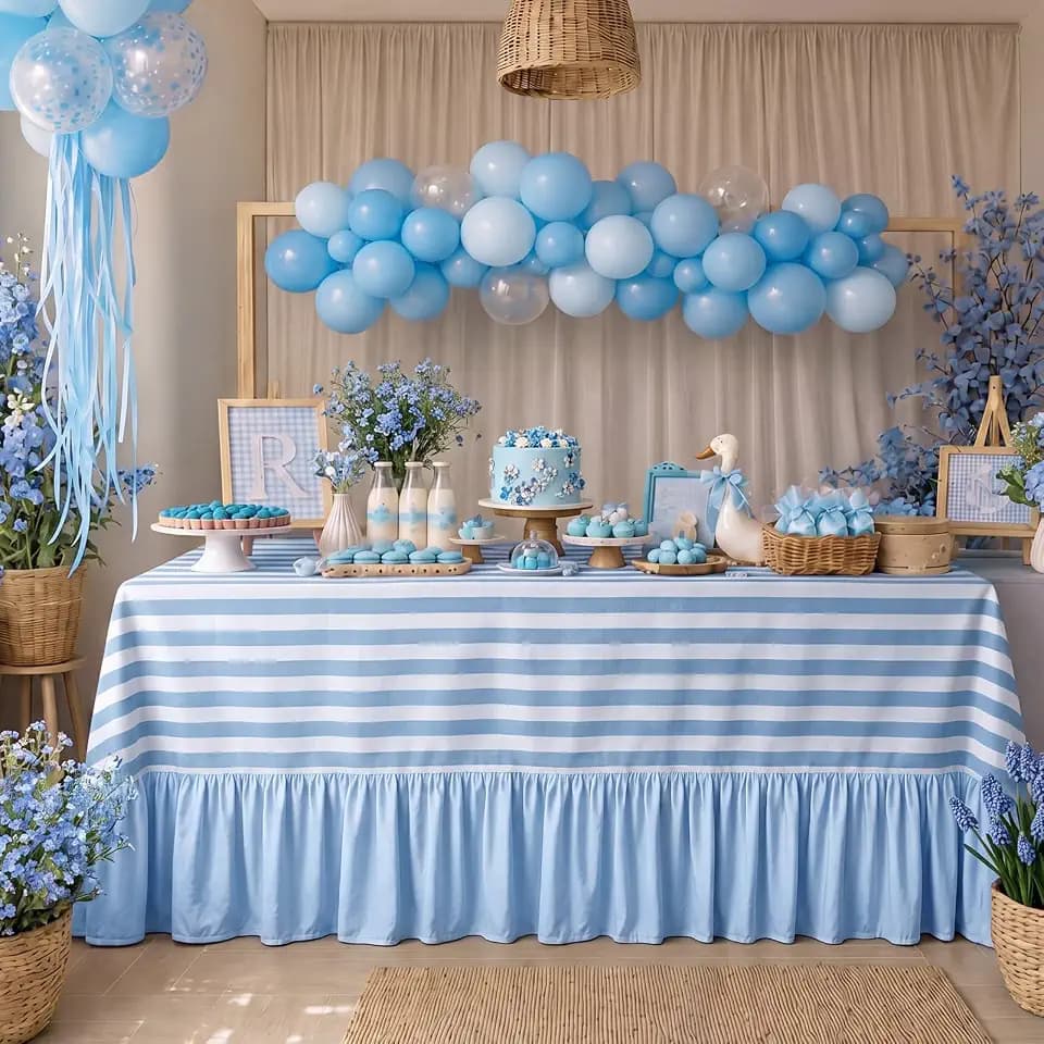 Moukeren 120"x60" Ruffled Tablecloth Table Cover, Blue and White, Striped