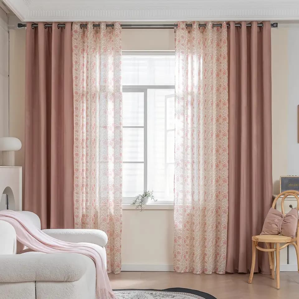Mix and Match Curtains 4 Panels Set - 2 Pieces Floral Print Sheer Curtains and 2 Pieces Velvet Curtains for Bedroom Living Room Grommet Window Drapes, 52x84 Inch, Pink,Set of 4 Panels