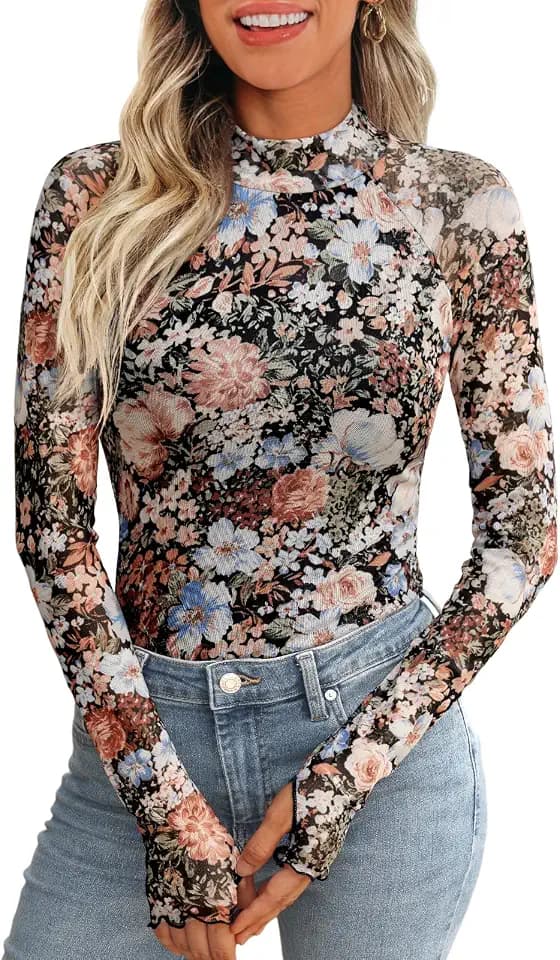 Dealmore Womens Lace Sheer Floral Mesh Mock Neck Tops