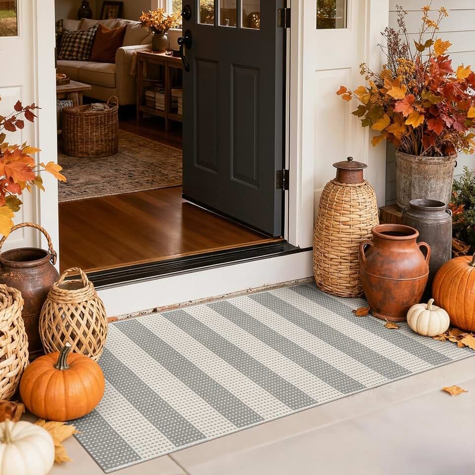 Fall Front Door Mat 2x4.3, Cotton Washable Woven Striped Outdoor Rug