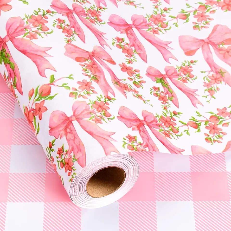 Homeral Pink Floral Bowknot Wrapping Paper Roll - 17In x 32.8Ft (46.5 sqft) Pink Plaid Gift Wrap for Girls Birthday, Baby Shower, Bridal Shower, Valentine’s Day, Mother’s Day, DIY Crafts