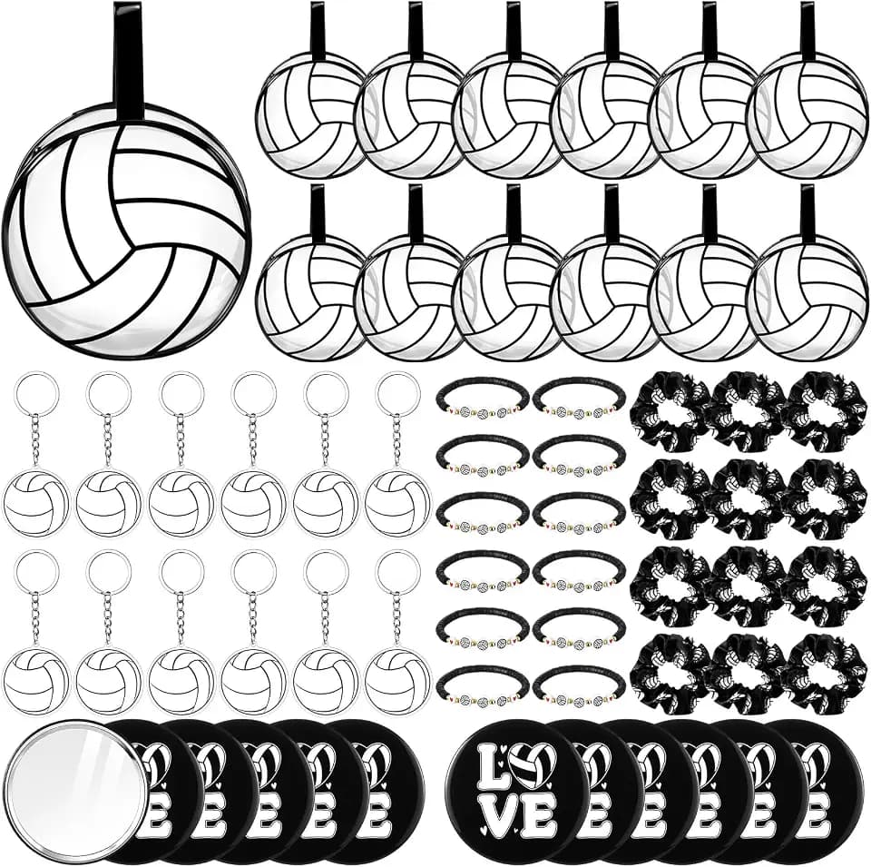 Huquary 60 Pcs Volleyball Team Gifts Sports Accessories Include Volleyball PVC Cosmetic Bag Keychains Makeup Mirror Hair Scrunchies Bracelets for Women Girls Team Players Gifts Sport Party Favors