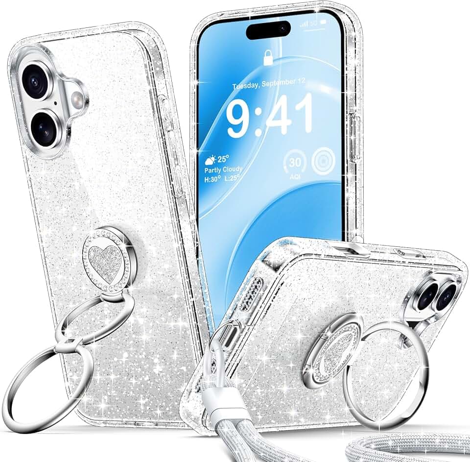 XYZ for iPhone 17 Case Glitter, Cute Clear Bling Sparkly Cover with 2-Ring Heart Stand & Wrist Strap, Women Girls Slim Shockproof Protective Phone Cases for 17 6.3'',Glitter Clear