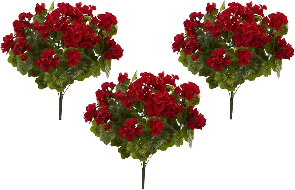 Nearly Natural Geranium Artificial Bush, UV Resistant, Set of 3 (Indoor/Outdoor), Red,15"Dx15"Wx19"H