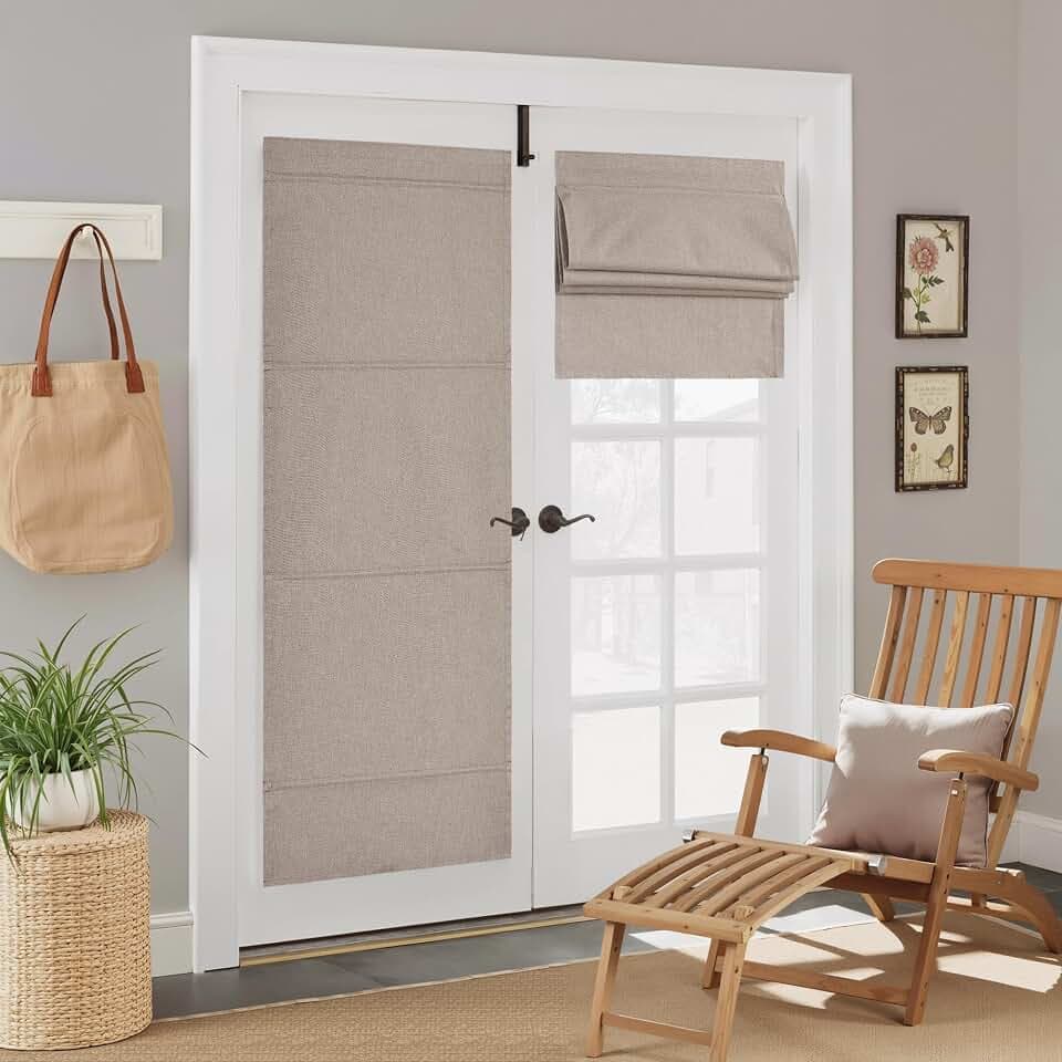 NICETOWN Linen 100% Blackout Door Curtain, No Drill Cordless Thermal Insulated Roman Shade for French Front Door, Adhesive Top & Magnetic Roman Roll Up Privacy Curtain, 27" W x 72" L, 1 Panel, Taupe