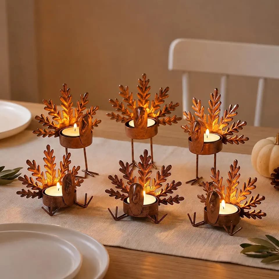 6pcs Metal Turkey Tea Light Candle Holders Fall Thanksgiving Table Decor