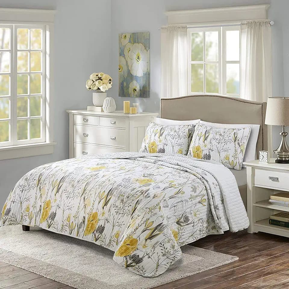 Lush Decor Adalia Reversible Cotton Quilt King Size 3 Piece Set Yellow & Gray - Floral Bedding Set King Quilt - Yellow Quilts - Cottage Core Decor