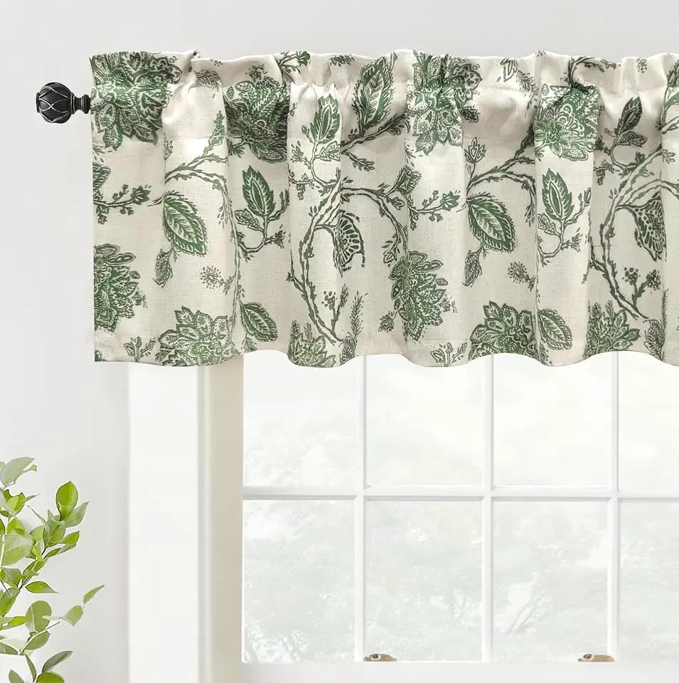 DriftAway Freda Jacobean Floral Linen Blend Blackout Thermal Insulated Energy Saving Privacy Window Linen Curtain Valance Rod Pocket 2 Layers Single 52 Inch by 14 Inch Plus 1.75 Header Loden Green