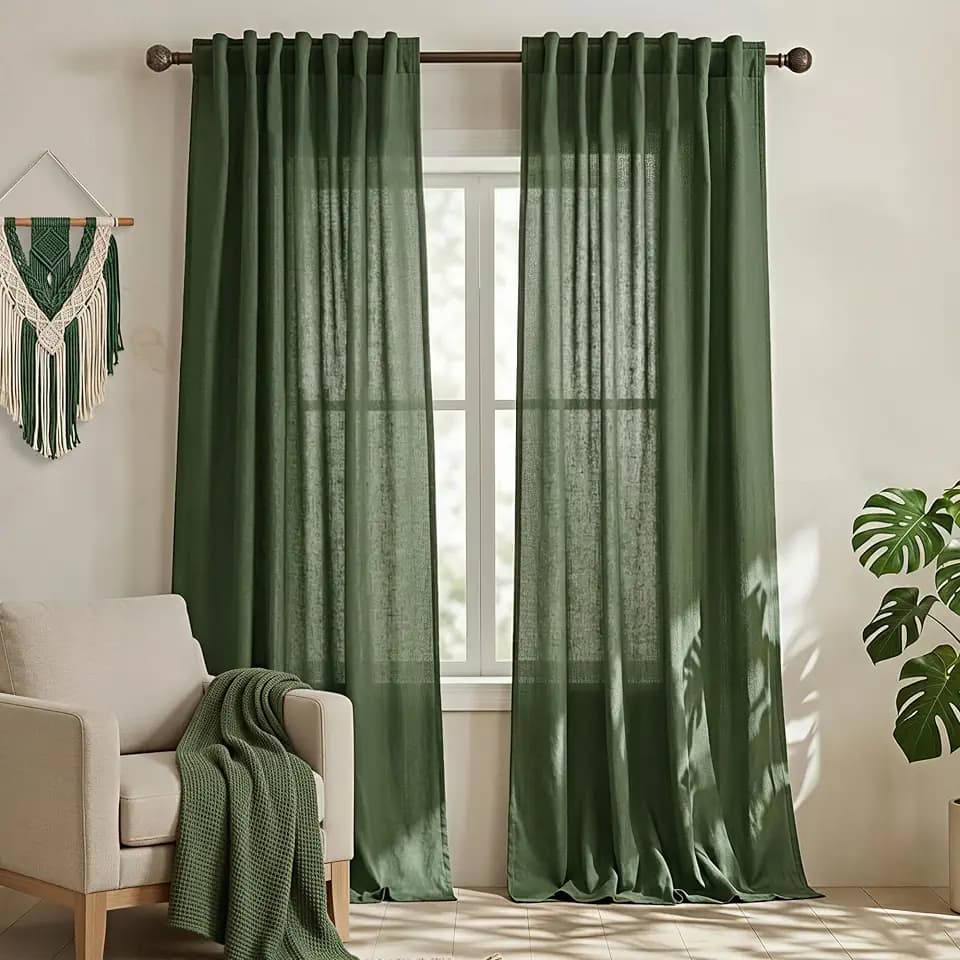 Moss Green Linen Curtains 108 Inches Long, 9FT Boho Earth Tone Light Filtering Sheer Curtain Drapes for Living Room Bedroom 2 Panels Set, 9 FT Olive Green Earthy Decor, Cortinas Verde Olivo Para Sala
