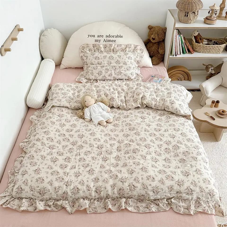 AOJIM Kids Floral Print Duvet Cover 47X59'', 1-Piece Super Soft 2-Layer Gauze Muslin Cotton Toddler Ruffled Bedding Duvet Cover, Pink Floral Comforter Cover for Girls, No Quilt or Pillow, Easy Care