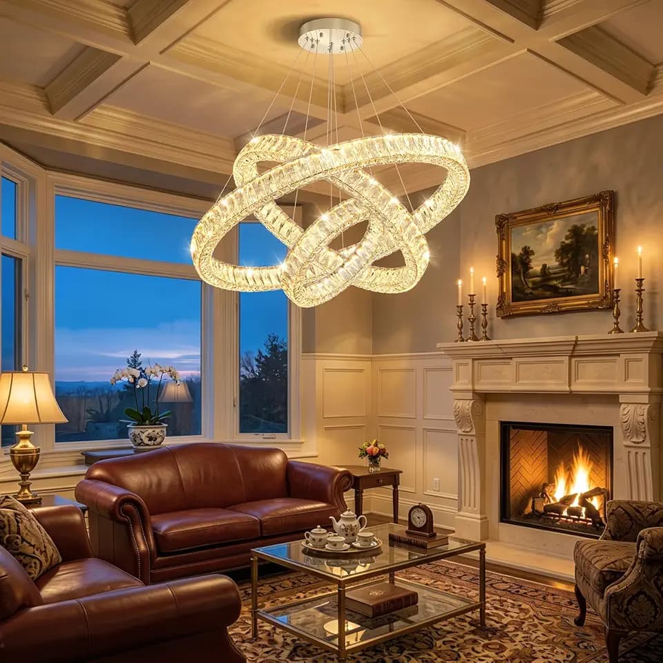 HAIXIANG Modern Glam Chandelier Crystal LED Remote Rings Chandelier Adjustable Hanging Ceilings Pendant Lights Fixture Silver 16"+24"+32" Rings Lighting