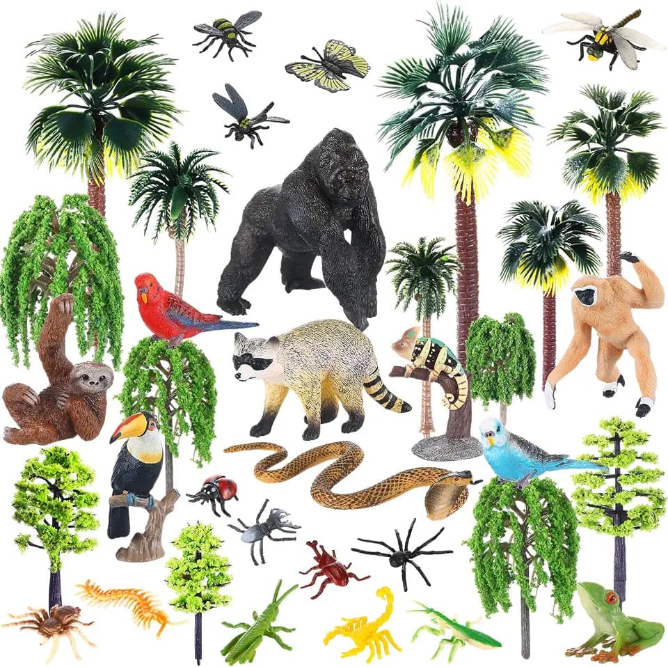 Gerrii 37 Pcs Rainforest Animal Figures Jungle Diorama Set for Project