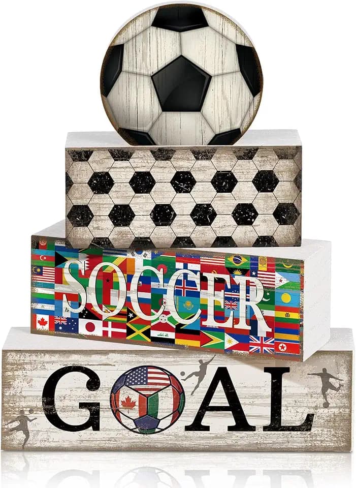 Moucuny 4 Pcs Soccer Centerpieces Table Wooden Block Signs Ball Topper