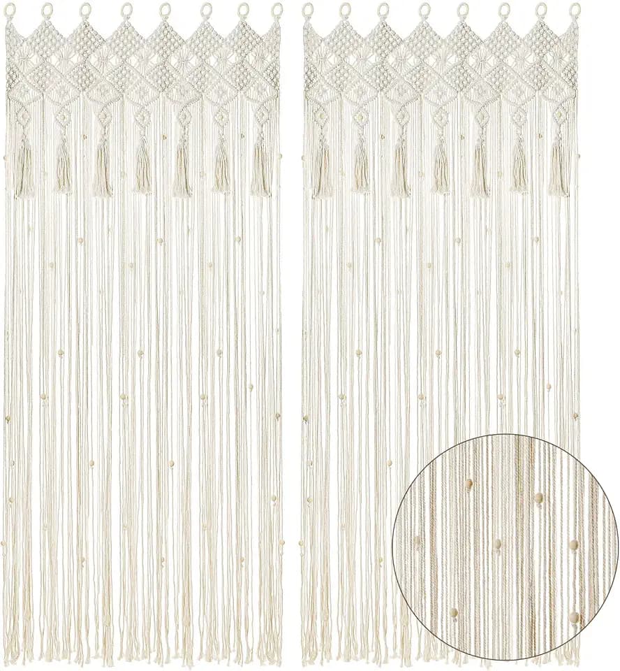BECHAEO Boho Macrame Beaded Curtain with Tassels, White 2 Panels 35" x 79"