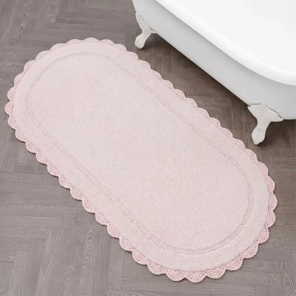 Laura Ashley Eloise 100% Cotton Oval Bath Mat with Crochet Border, Soft & Absorbent, Light Pink 21" x 34" Bathroom Rug