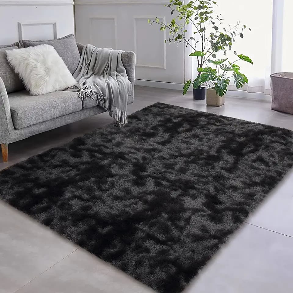 IMINROME Shaggy Area Rug Indoor Plush Fluffy Rugs, Modern Fuzzy Soft and Comfy Carpet Tie-Dyed Accent Rugs for Bedroom Living Room Kids Nursery Fluffy Area Rug, Black Grey, 5' x 8'