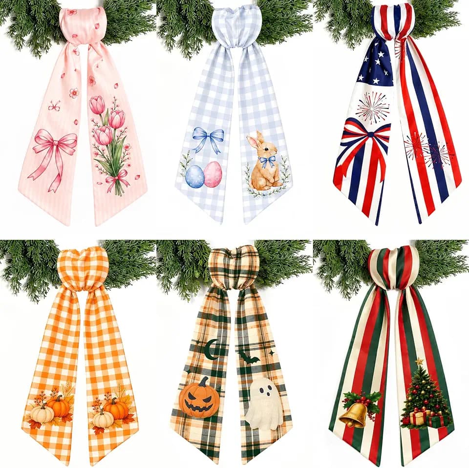 6 PCS Wreath Sash for Front Door, Seasonal Decorative Wreath Ribbon