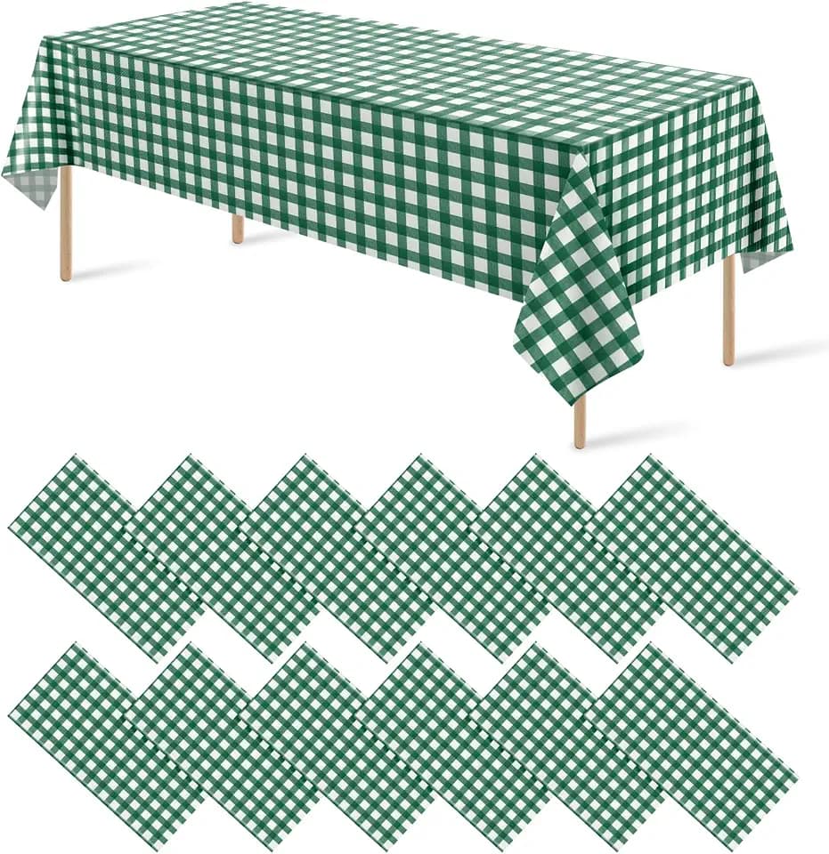 12Pack Dark Green Plastic Checkered Tablecloth, Premium Decorative Disposable Green Gingham Plaid Table Cloths for Parties, Rectangle Party Table Cover for Picnic Farm Birthday Wedding, 54x108 Inch