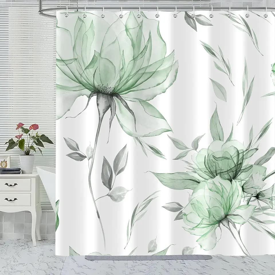 Green Grey Watercolor Floral Shower Curtain, Flower Leaves Minimalist Aesthetic Art Shower Curtains for Bathroom Sets Decor, Waterproof Polyester Cloth Fabric with 12 Hooks,72x84 Inch
