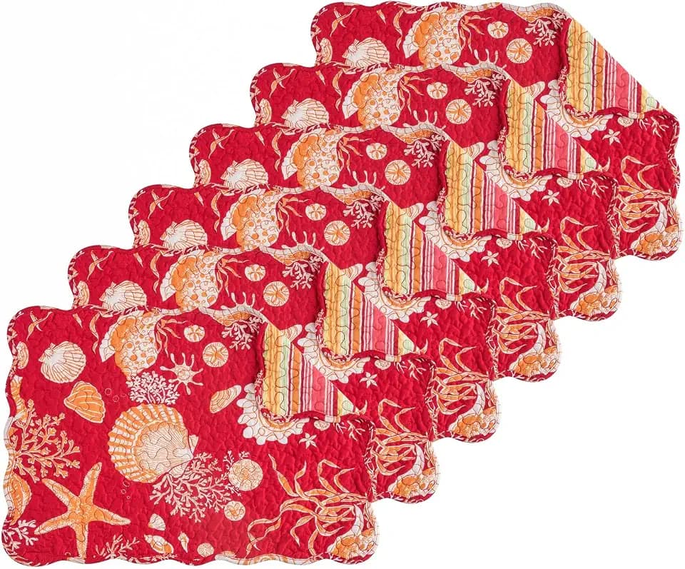 Ruby Red & Orange Vintage 100% Cotton Quilted Set of 6 Placemats 13" x 19"