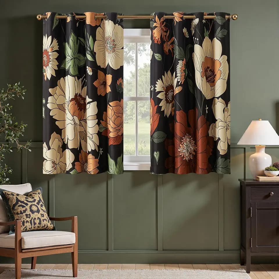 jinchan Black Boho Floral Blackout Curtains 63 Inch Grommet 2 Panels