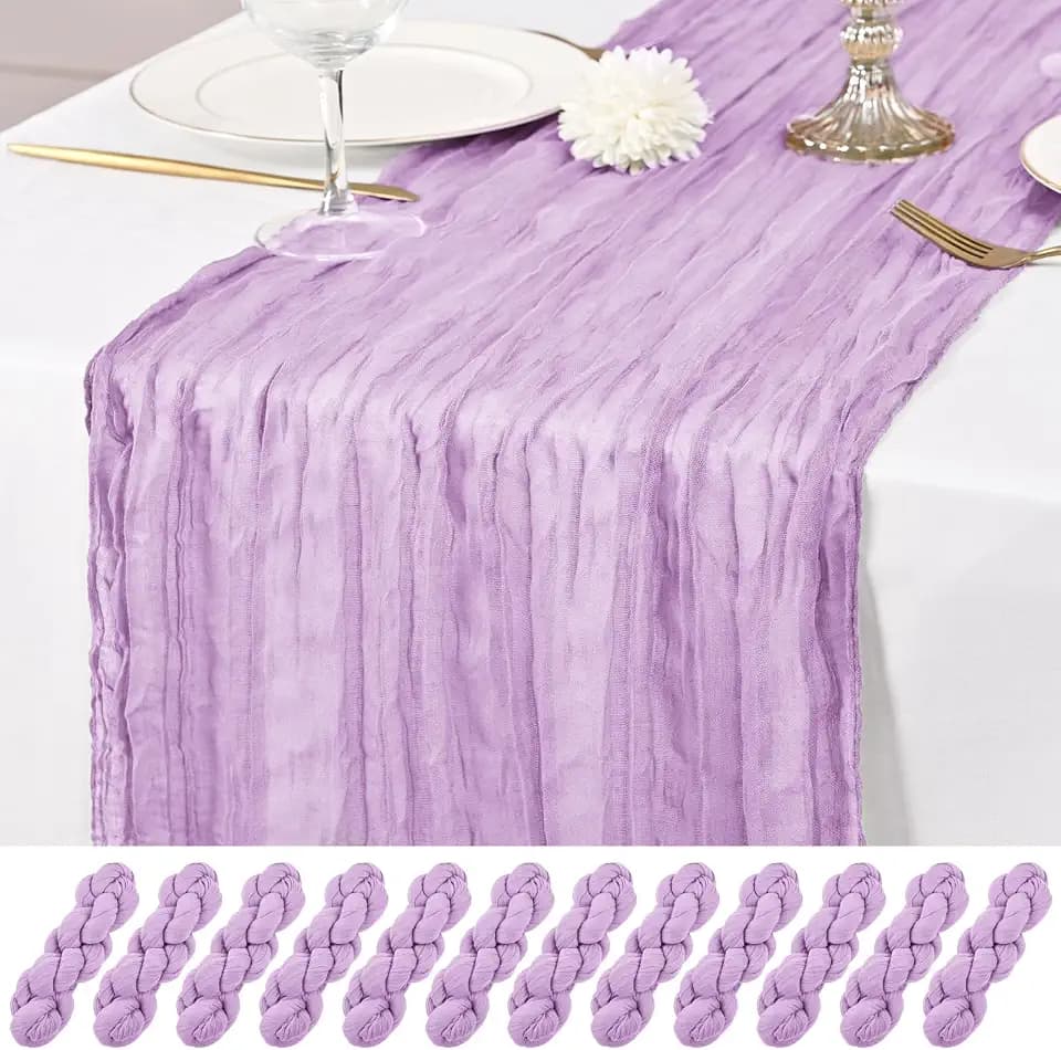 12 Pack Lavender Table Runner 10Ft Cheesecloth Table Runner Rustic Gauze Table Runners Romantic Long Sheer Fabric Cheese Cloth Table Runners for Wedding Party Bridal Baby Shower