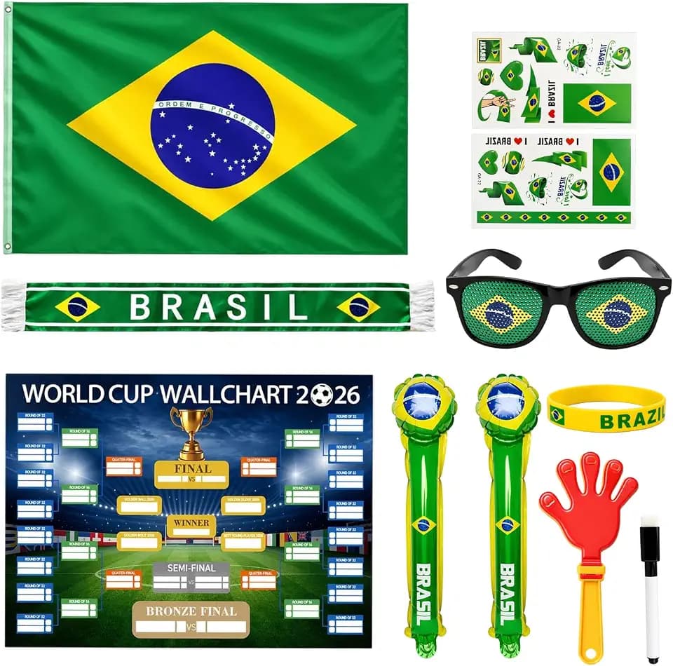 Brazil World Cup, World Cup Merchandise 2026, 11 Pcs Soccer Party Decorations, Brazilian Flag Design with Colorful Cheering Clappers, Ideal for Match Viewing Parties and Sports Celebrations