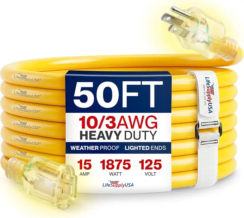 50ft Outdoor/Indoor Extension Cord 10/3 Gauge Ultra Heavy Duty 3 Prong SJTW, Waterproof, Flexible Cold-Resistant Long Power Cord,15A 125V 1875W, Yellow by LifeSupplyUSA