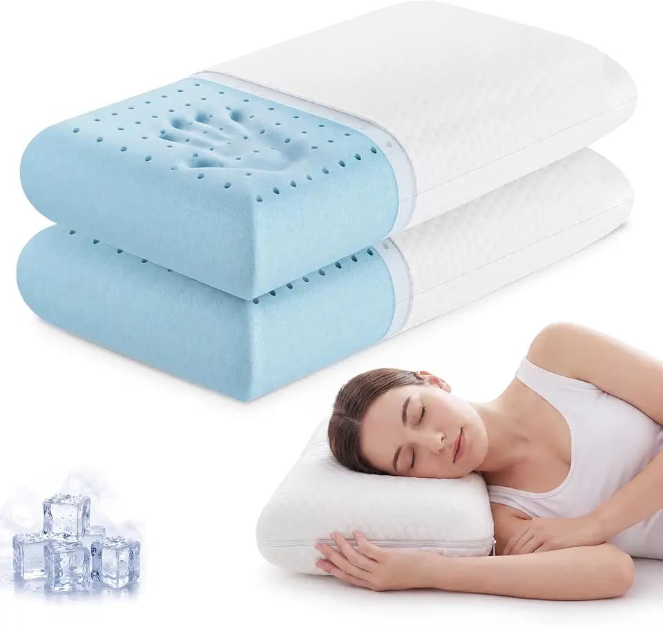 Sweetcrispy Cooling Gel Memory Foam Pillows for Sleeping, Back and Side Sleeper Support, Standard Size and Medium Firm, Bed Pillows for Adults with Washable Cover and Breathable Mesh – 2 Pack, White