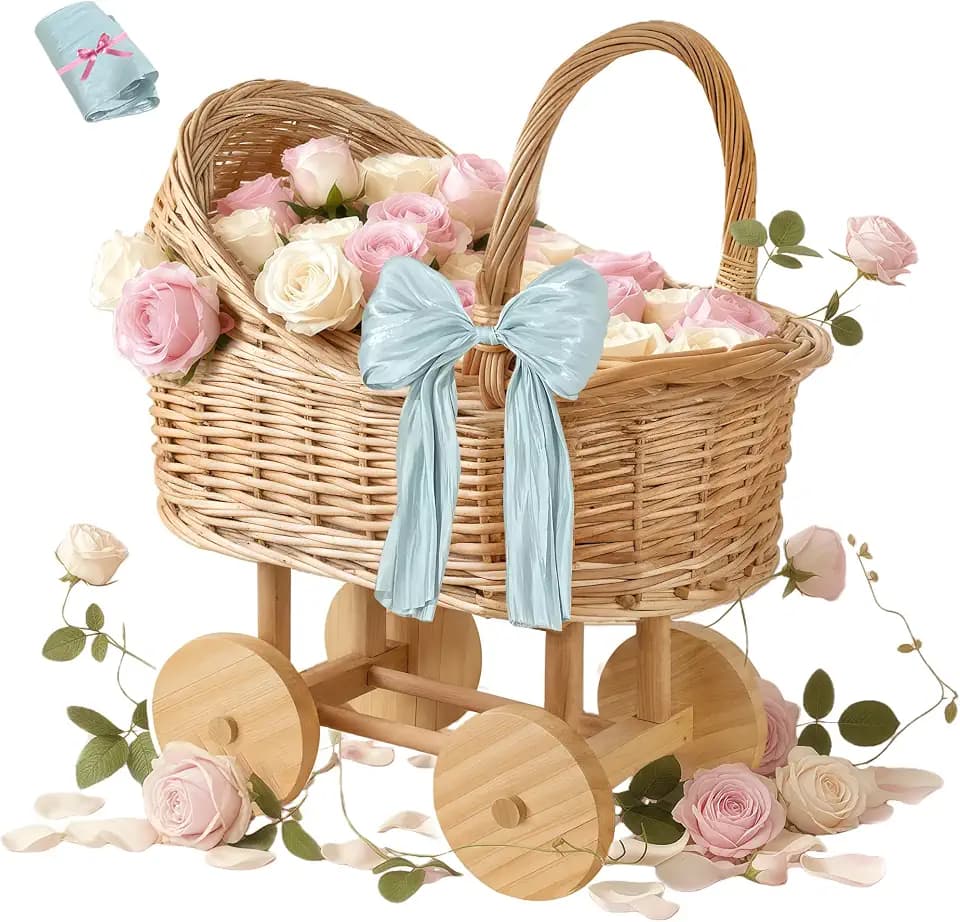 Woven rattan baby stroller baskets, vintage rattan flower cart, wedding and gift decorations, pushcart-style decorative flower stands (Mini)