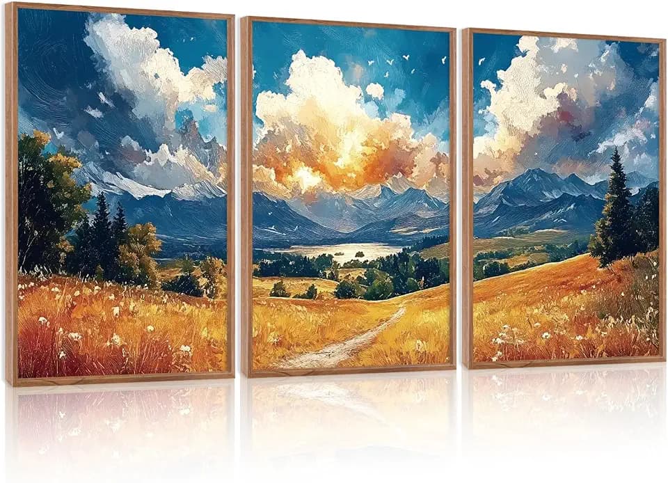 LHIUEM Mountain Wilderness Sunset Framed Canvas Wall Art,Nature Country Scenery Wall Decor,Field Pine Tree Landscape Artwork for Living Room,Bedroom,Dining Room,Farmhouse -16"x24"x3