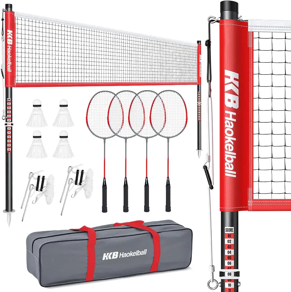 Outdoor Badminton Net Set with Anti-Sag Winch System - 20ft Badminton Net, 4 Rackets, 3 Shuttlecocks & Carry Bag, Badminton Set for Backyard, Grass, Beach, Holiday Games