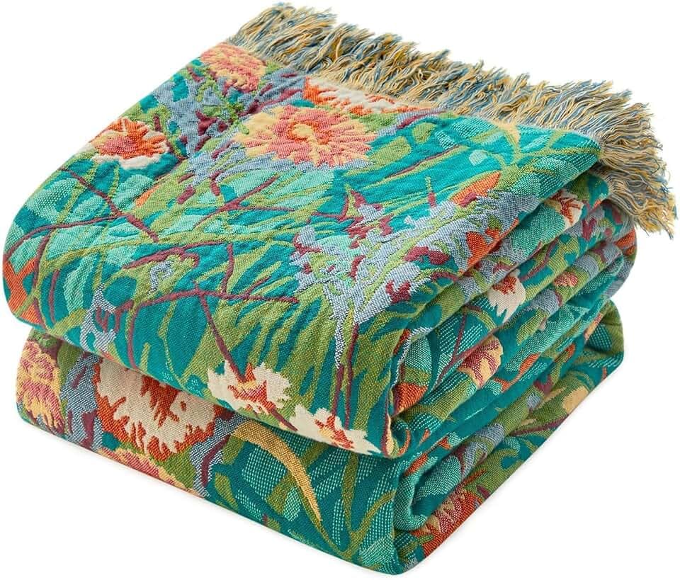 MSGKV Boho Throw Blanket 60"x80" 100% Cotton Floral Blanket for Couch Sofa
