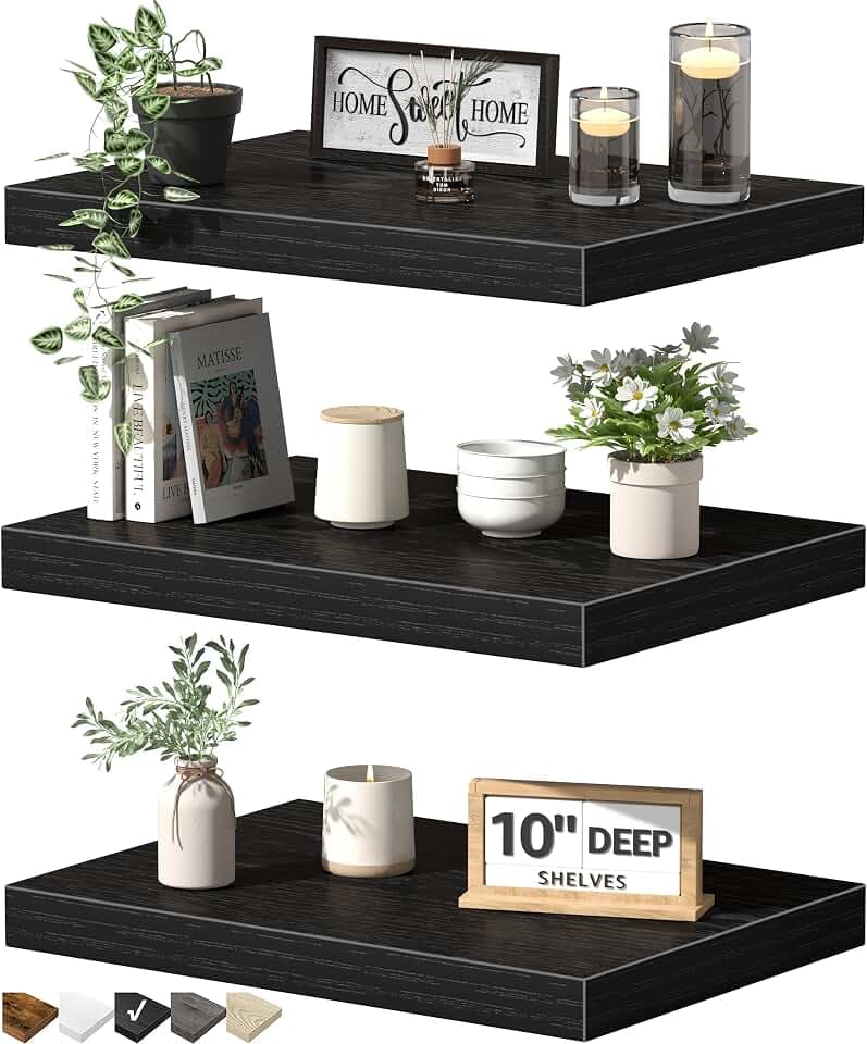 QEEIG 10" Deep Floating Projector Shelves Under TV Shelf (Black, Set of 3)