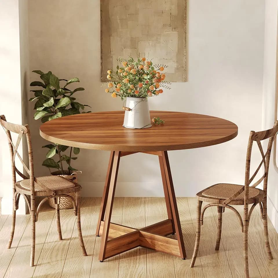 LITTLE TREE 39 Inches Round Dining Table for 2-4, Farmhouse Circle Kitchen Table for Dining Room, Wooden Dinner Table with Heavy Duty Pedestal, Small Bistro Table for Restaurant, Brown