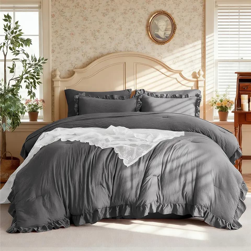 MR&HM 7 Pieces Comforter Set Full Dark Grey, Ultra-Soft Bed in A Bag