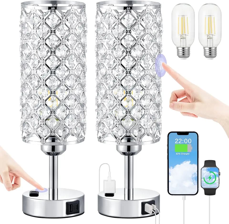 Silver Crystal Lamps Set of 2, 3-Way Dimmable Touch Lamps for Nightstand