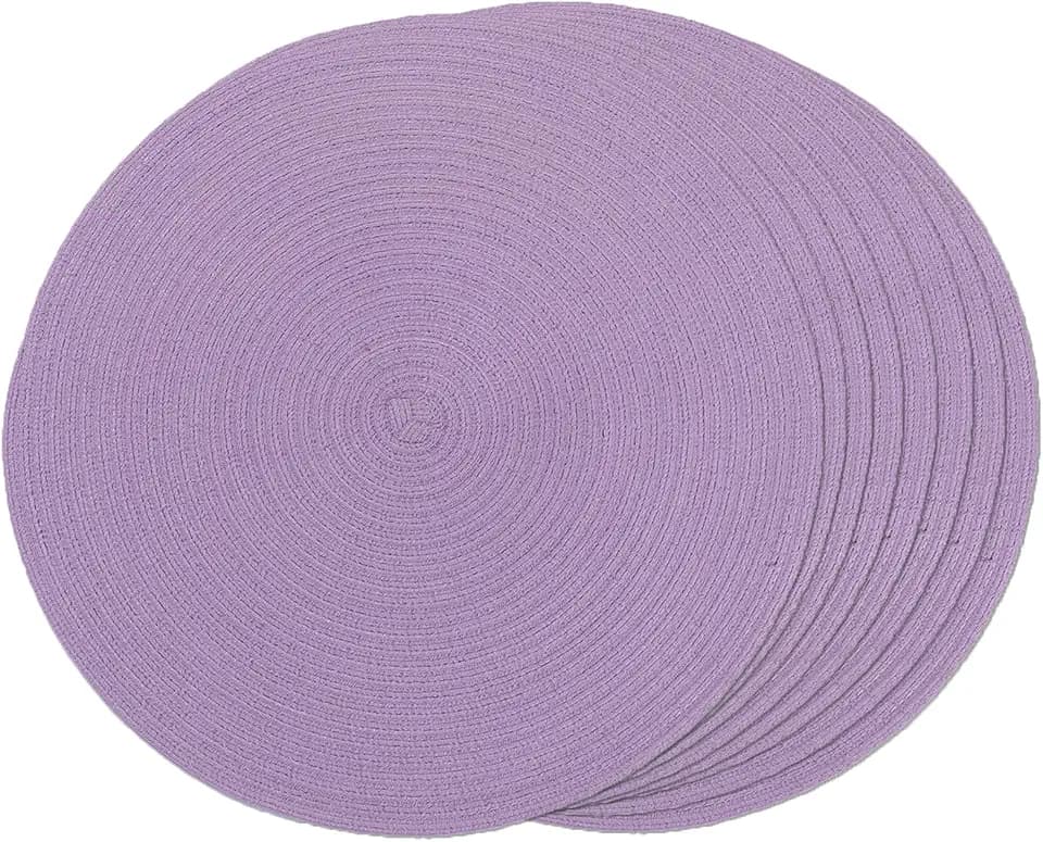 FunWheat Round Braided Placemats Set of 8 Place mats for Dining Tables Woven Heat Resistant Table Mats 15 inch (Light Purple,8pcs)
