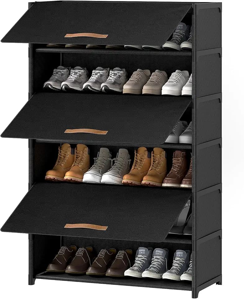 7 Tier Shoe Cabinet with Door, 28-Pair Storage, Black