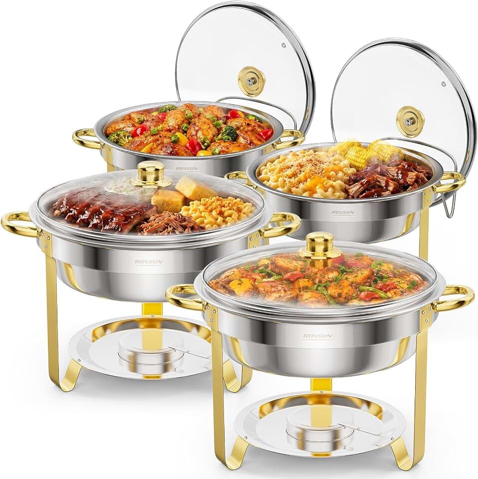 ROVSUN 5QT 4 Packs Chafing Dish Buffet Set Gold Accent, Round Stainless Steel Buffet Warmer Chafers and Warmers Sets with Glass Lid & Lid Holder for Catering Events Parties Weddings Dinners