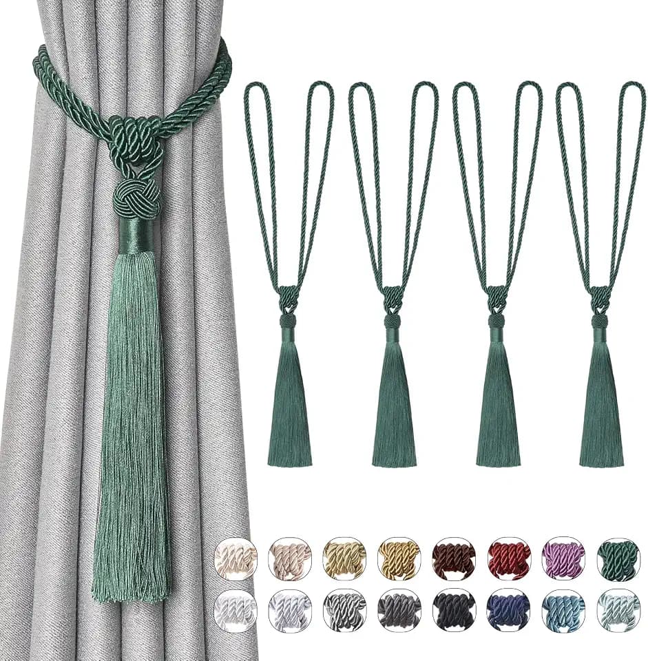 NICEEC 4 Pack Long Tassel Curtain Tiebacks Handmade Braided Rope Knot Drape Tie Backs European Style Decorative Curtain Holdbacks for Home & Office Window Drapery (Green)