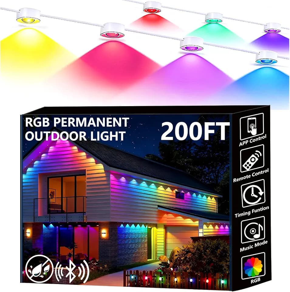 Permanent Outdoor Lights, 200ft Smart Eave Lights with RGB LED Light, IP67 Waterproof, App Control, DIY RGB Light for House Halloween Decorations
