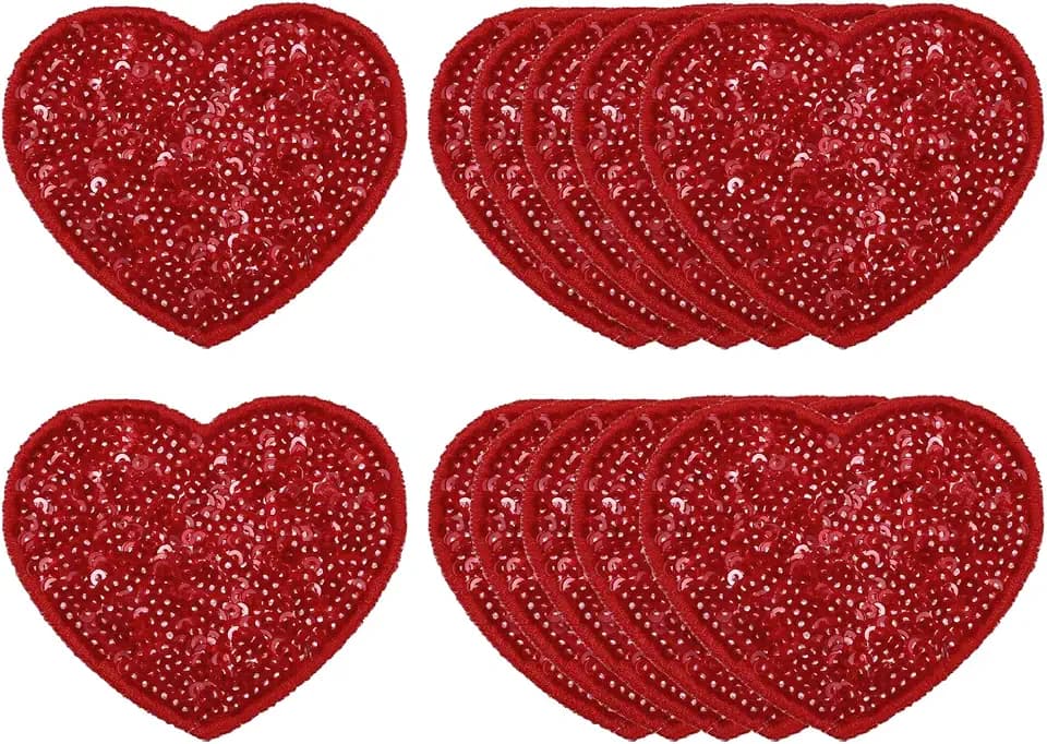 MECCANIXITY 12 Pcs Sequin Heart Iron on Patches, 2.7 x 2.4 Inch Embroidery Sequin Patches for Clothing Repair Backpack Shoes Decoration, Bright Red