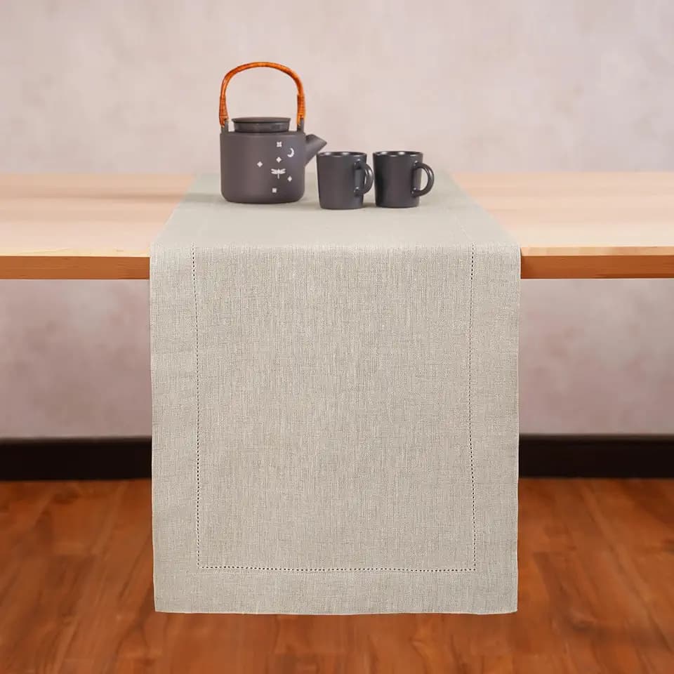 Home Ekaa Light Natural Linen Table Runner 48 Inches - 100% Pure Linen Cloth Fabric Hemstitch Table Runner 14 x 48 Inch for Dining, Gifting, Holiday, Everyday Décor,Fall & Autumn - Lino