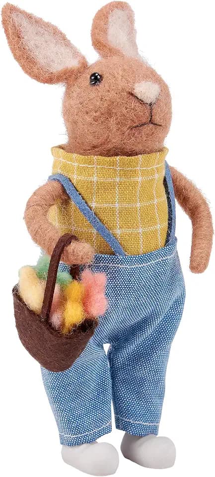 Primitives by Kathy Food Basket Bunny Collectible Felt Critter, 4.5-inch, Handmade with Vegetable Basket & Suspenders - Tiered Tray, Shelf or Tablescape Display with Our Other Spring & Easter Decor