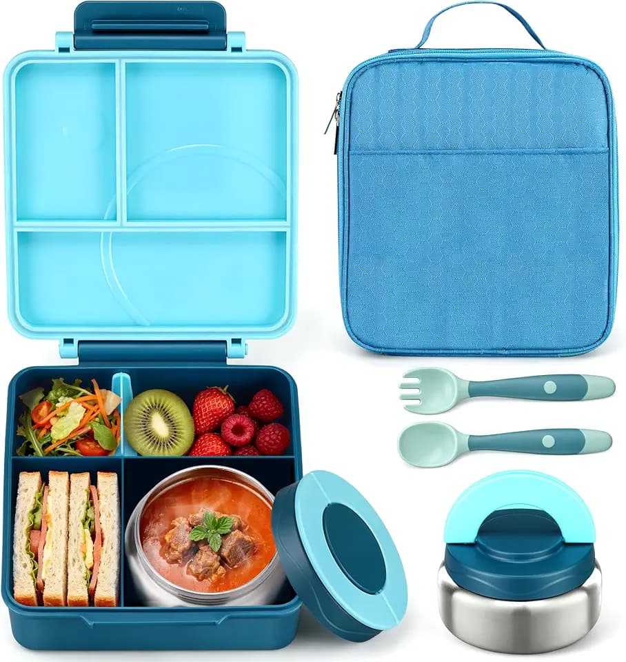 Itslife Bento Lunch Box for Kids with 8oz Soup Thermo&Lunch Bag, Leak-Proof Lunch Food Containers with 4 Compartment, Hot Food Insulated Food Jar for Kids School (Blue)