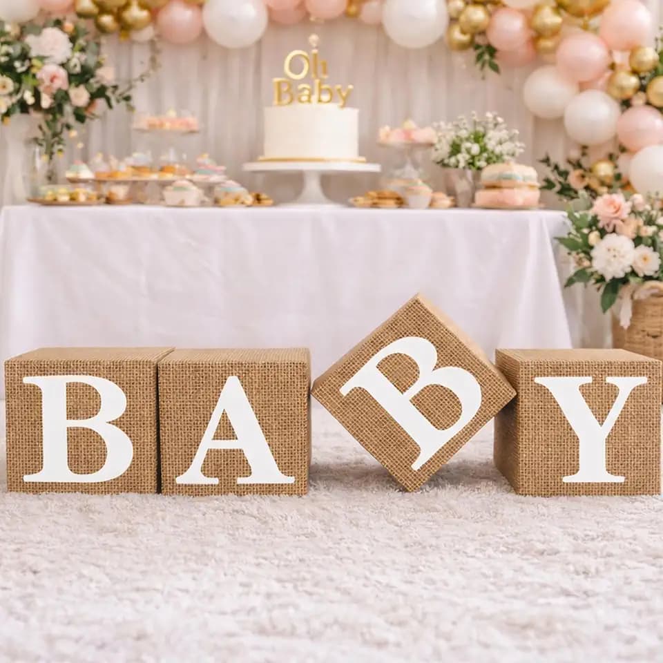 Baby Shower Burlap Print Boxes – Set of 4 Rustic Baby Letter Cubes, Lightweight Hollow Photo Props, Easy Assembly Gender-Neutral Party Décor