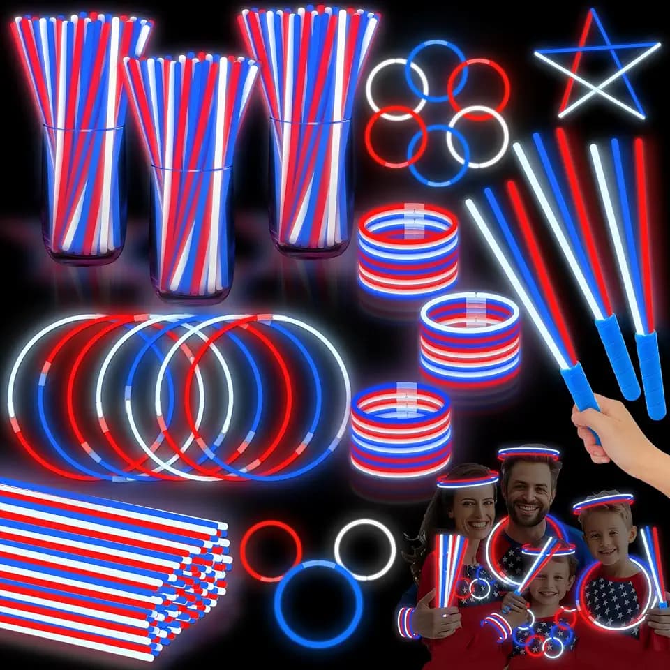 120 Pcs Glow Sticks 4th of July Party Supplies,Neon Party Glow Bracelets and Necklaces Red White Blue Glow Stick with Connectors & 20 Handles for Kids & Adults Independence Day 250th Anniversary Decor