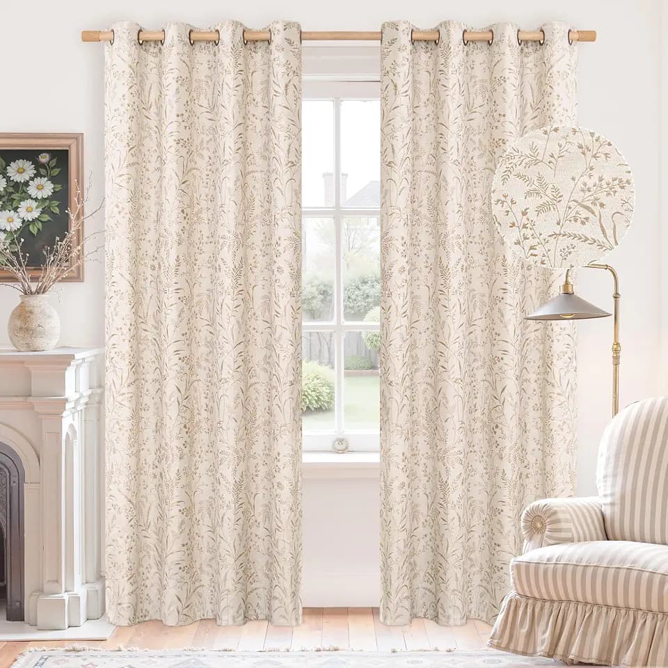 BGment Oatmeal Linen Floral Pattern Curtains 52 x 84 Inch 2 Panels